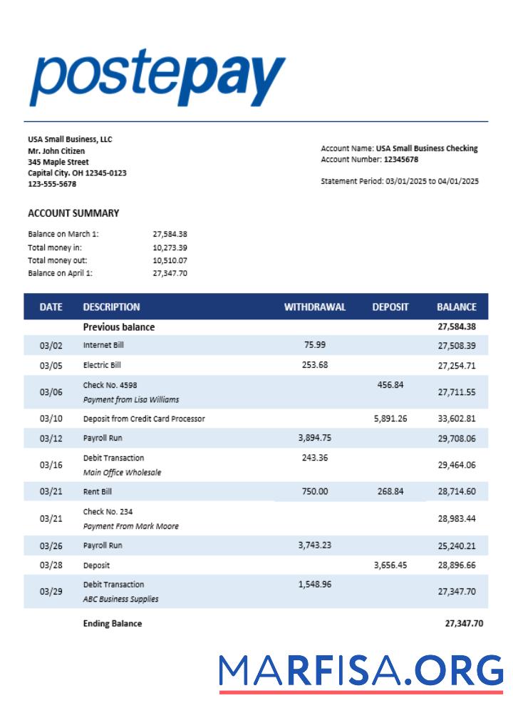 Blank Postepay Evolution (Poste Italiane) enterprise statement Word and PDF format example